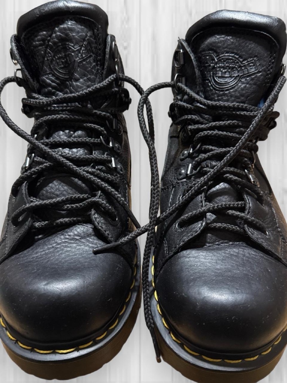 Dr. Martens Black Leather Lace-Up Boots with Yellow Stitching